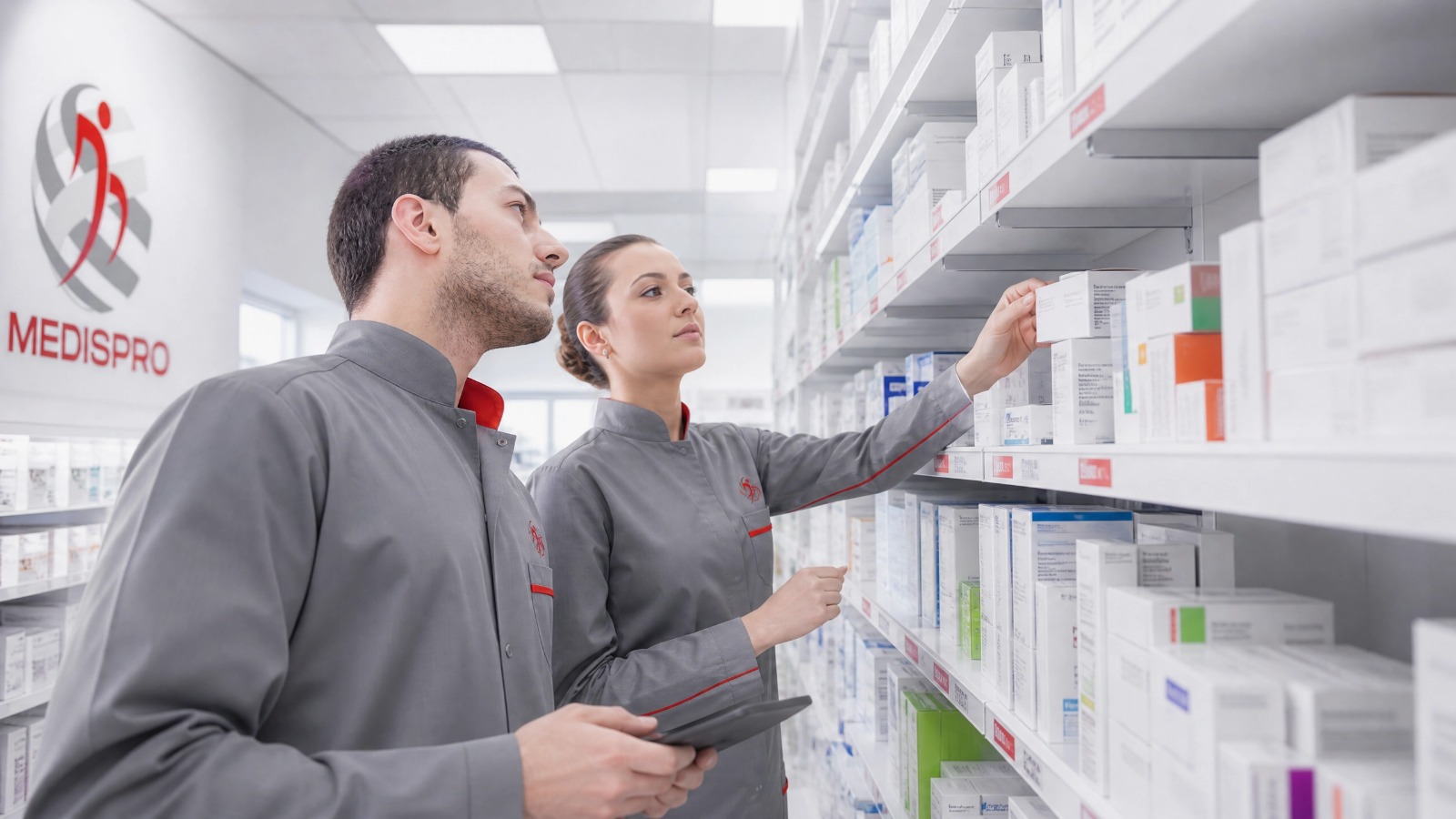 Equipo profesional de Medispro seleccionando insumos en una farmacia institucional.